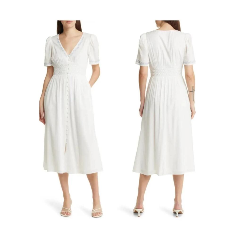 Reformation White Midi Dress with Button Front